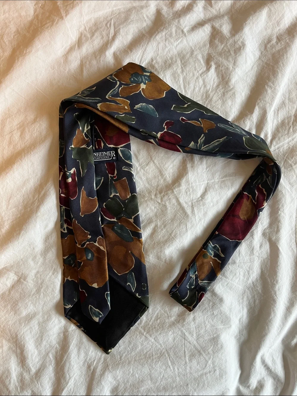 Vintage Kuppenheimer Navy Floral Silk Tie with Burgundy, Green, & Mustard Accent
